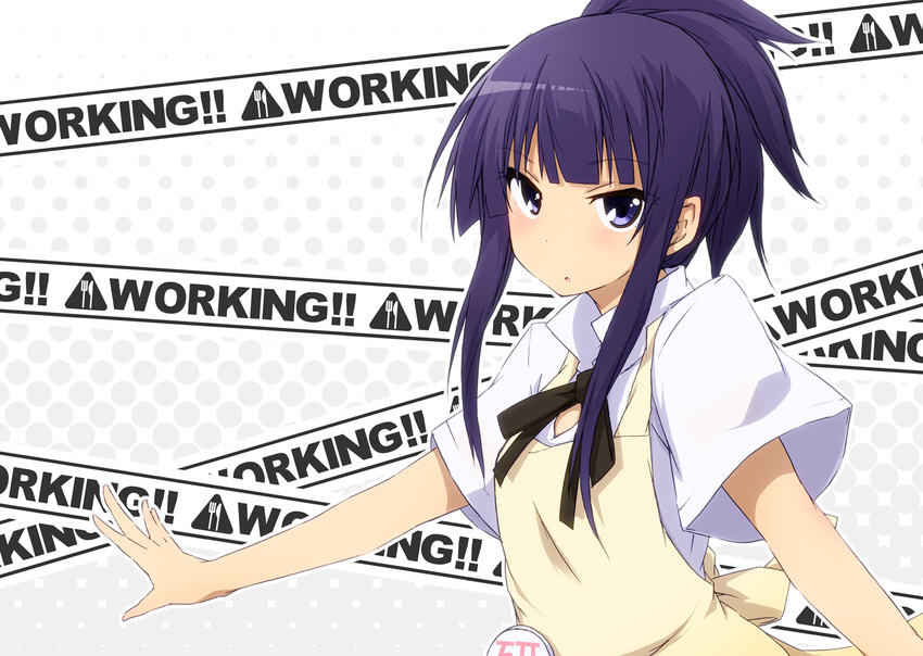 :o alternate_hairstyle apron badge caution_tape long_hair looking_at_viewer open_mouth outstretched_arms paprika_(artist) ponytail purple_eyes purple_hair short_sleeves solo tsurime waitress working!! yamada_aoi