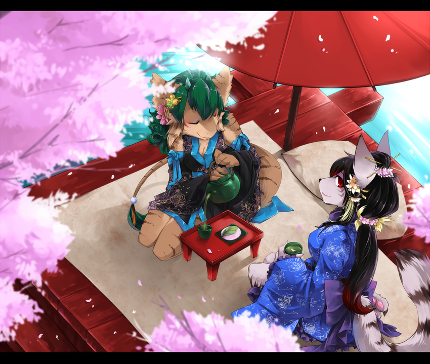 black_hair breasts canine cleavage clothed clothing dragon feline female flower flower_in_hair fox green_hair hair japanese_clothing kimono kubikitsune long_black_hair long_hair mammal red_eyes rift_drake table tail teapot umbrella unknown_species