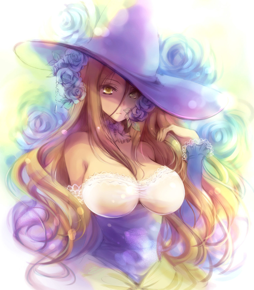 breasts brown_hair cleavage dragon's_crown flower hat highres large_breasts long_hair senkyoushi_gondolf solo sorceress_(dragon's_crown) witch_hat yellow_eyes