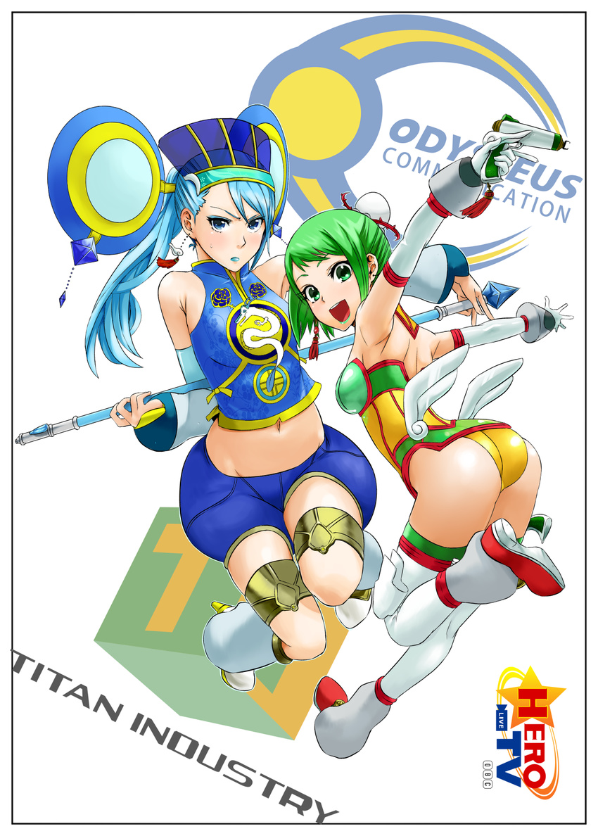 ass backless_outfit bad_id bad_pixiv_id bare_shoulders blue_eyes blue_hair blue_rose_(tiger_&amp;_bunny) boots cosplay costume_switch detached_sleeves dragon_kid earrings elbow_gloves gloves green_eyes green_hair gun hat highres huang_baoling jewelry karina_lyle lipstick makeup multiple_girls nagashii_kouhei navel ponytail product_placement short_hair staff thigh_boots thighhighs tiger_&amp;_bunny transparent_breasts_pads weapon wings