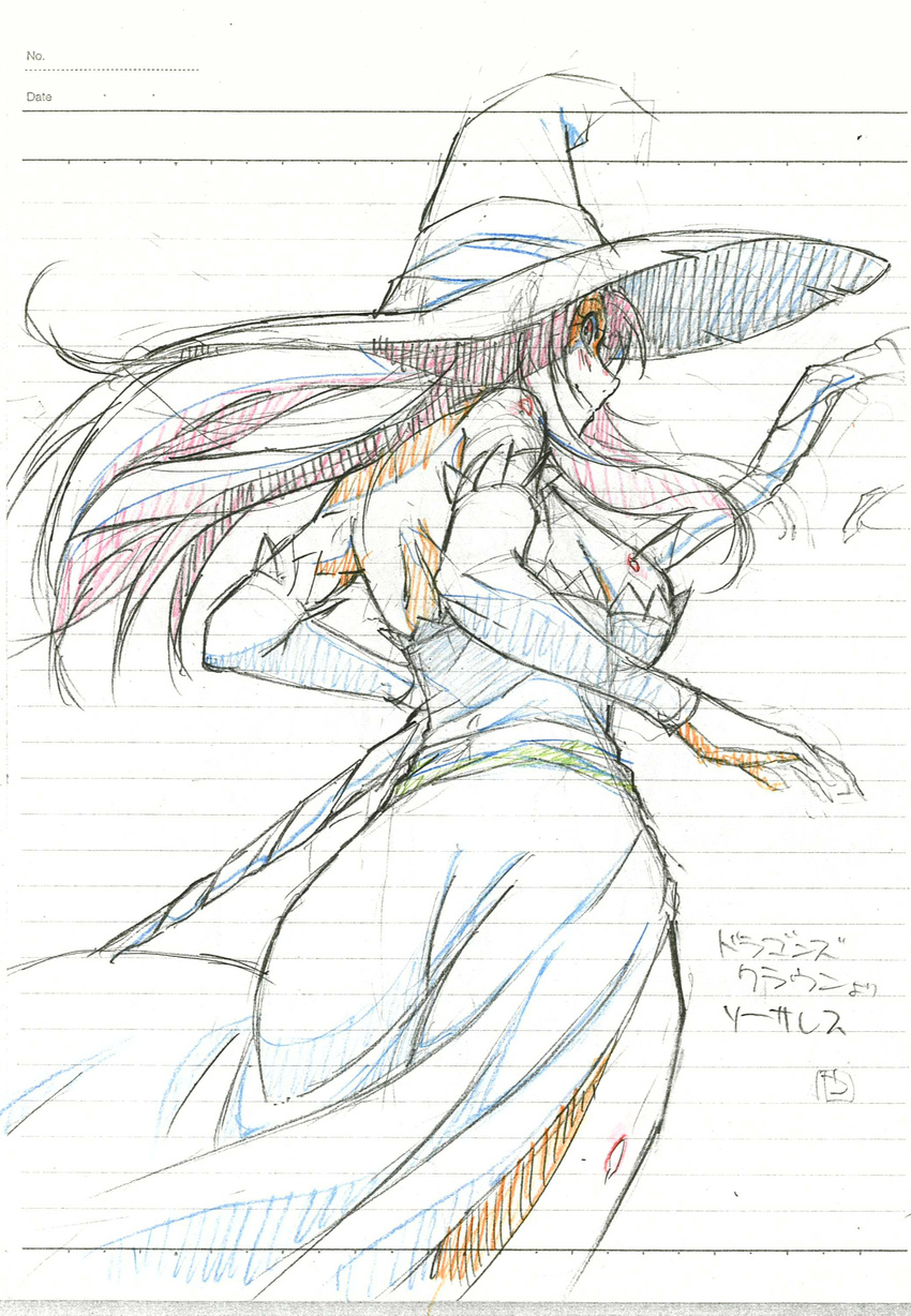 absurdres ass bare_shoulders detached_sleeves dragon's_crown dress hat highres long_hair side_slit sketch solo sorceress_(dragon's_crown) staff strapless strapless_dress witch_hat yamazaki_(now_printing)