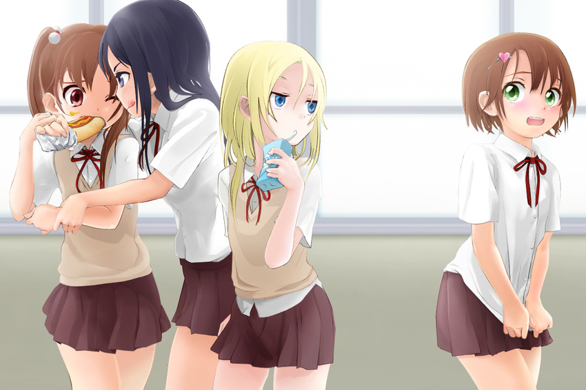 3girls :p androgynous bad_id bad_pixiv_id black_hair blonde_hair blue_eyes blush box brother_and_sister brown_hair commentary_request covering covering_crotch crossdressing drinking drinking_straw eating food food_on_face green_eyes hair_bobbles hair_ornament hairclip hot_dog long_hair looking_back mouth_hold multiple_girls mustard one_eye_closed open_mouth original otoko_no_ko purple_eyes red_eyes school_uniform shirt_tug short_hair siblings skirt sweater_vest tongue tongue_out twintails yuki18r