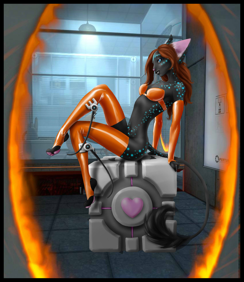 breasts cat companion_cube elbow_gloves feline female fingerless_gloves gloves latex legwear looking_at_viewer mammal piercing portal portal_(series) quillu rubber shiny solo stockings tail toeless_socks valve weighted_companion_cube