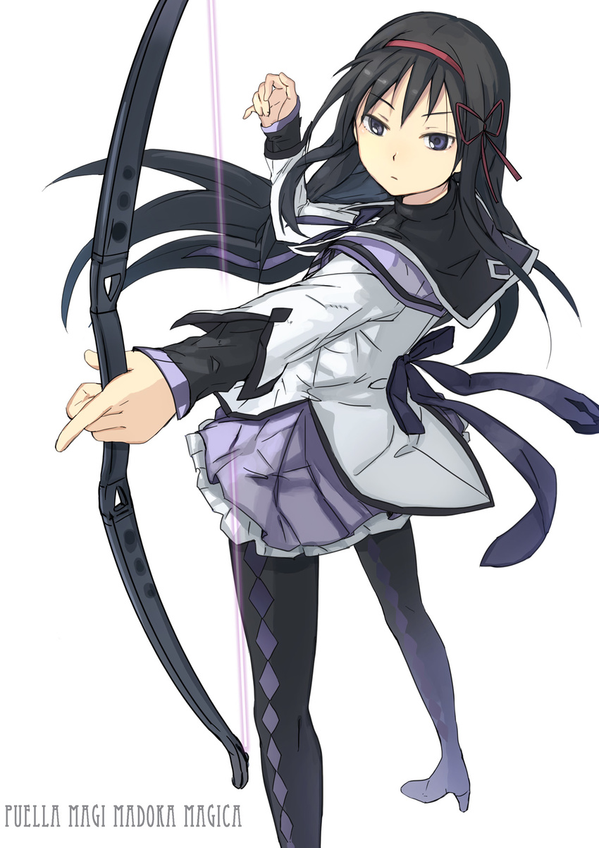 akemi_homura argyle argyle_legwear bad_id bad_pixiv_id black_hair black_legwear boots bow bow_(weapon) foreshortening frilled_skirt frills grey_skirt hair_ornament hair_ribbon hairband high_heels highres hihara_you long_hair magical_girl mahou_shoujo_madoka_magica outstretched_arm pantyhose perspective pleated_skirt purple_eyes ribbon shadow shoes simple_background skirt solo standing thigh_boots thighhighs weapon