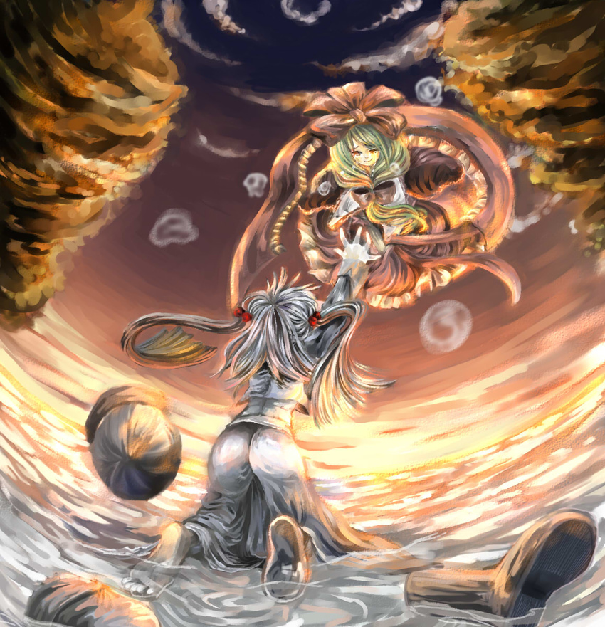 ass bad_id bad_pixiv_id barefoot blue_hair boot_removed boots bow cloud commentary dress frills green_hair hair_bobbles hair_bow hair_ornament hat hat_removed headwear_removed highres kagiyama_hina kawashiro_nitori kneeling multiple_girls outstretched_hand potetomayone_zu reaching ribbon rubber_boots sad shoes short_twintails single_boot single_shoe smile tears touhou twintails two_side_up water