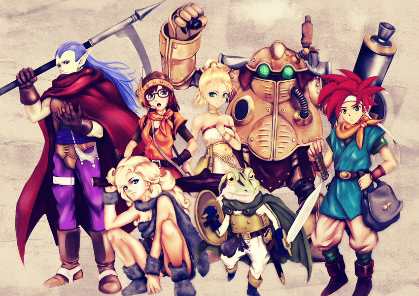 armor ayla ayla_(chrono_trigger) bag belt blonde_hair blue_eyes boots cape choker chrono_(series) chrono_trigger club crono female glasses gloves green_eyes headband headset helmet infinote kaeru_(chrono_trigger) long_hair lucca_ashtear magus male marle multiple_girls open_mouth pale_skin pants pointy_ears ponytail purple_hair red_eyes red_hair robo robot scythe sheath shield short_hair spiked_hair spiky_hair squat squatting sword weapon wristband wristbands