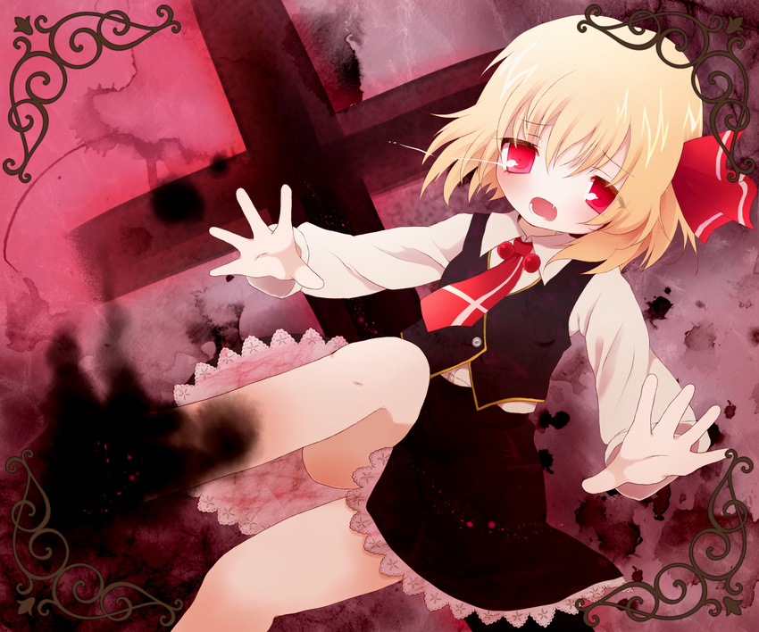 bad_id bad_pixiv_id blonde_hair blood blush cross darkness fang hair_ribbon highres kokorominton open_mouth outstretched_arms red_eyes ribbon rumia shirt short_hair skirt skirt_set solo touhou vest
