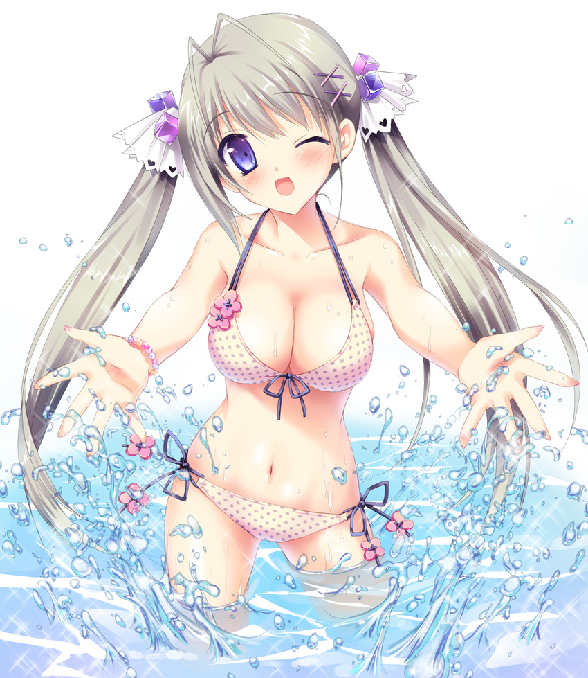 ;d antenna_hair bad_id bad_pixiv_id bangs bare_arms bare_shoulders bikini blonde_hair blush breasts cleavage collarbone eyebrows_visible_through_hair fingernails front-tie_bikini front-tie_top hair_cubes hair_ornament highres kimishima_ao large_breasts long_fingernails long_hair looking_at_viewer nail_polish navel one_eye_closed open_mouth original outstretched_arms outstretched_hand panties polka_dot polka_dot_bikini polka_dot_swimsuit purple_eyes shiny shiny_skin side-tie_bikini side-tie_panties silver_hair smile solo splashing swimsuit twintails underwear wading water