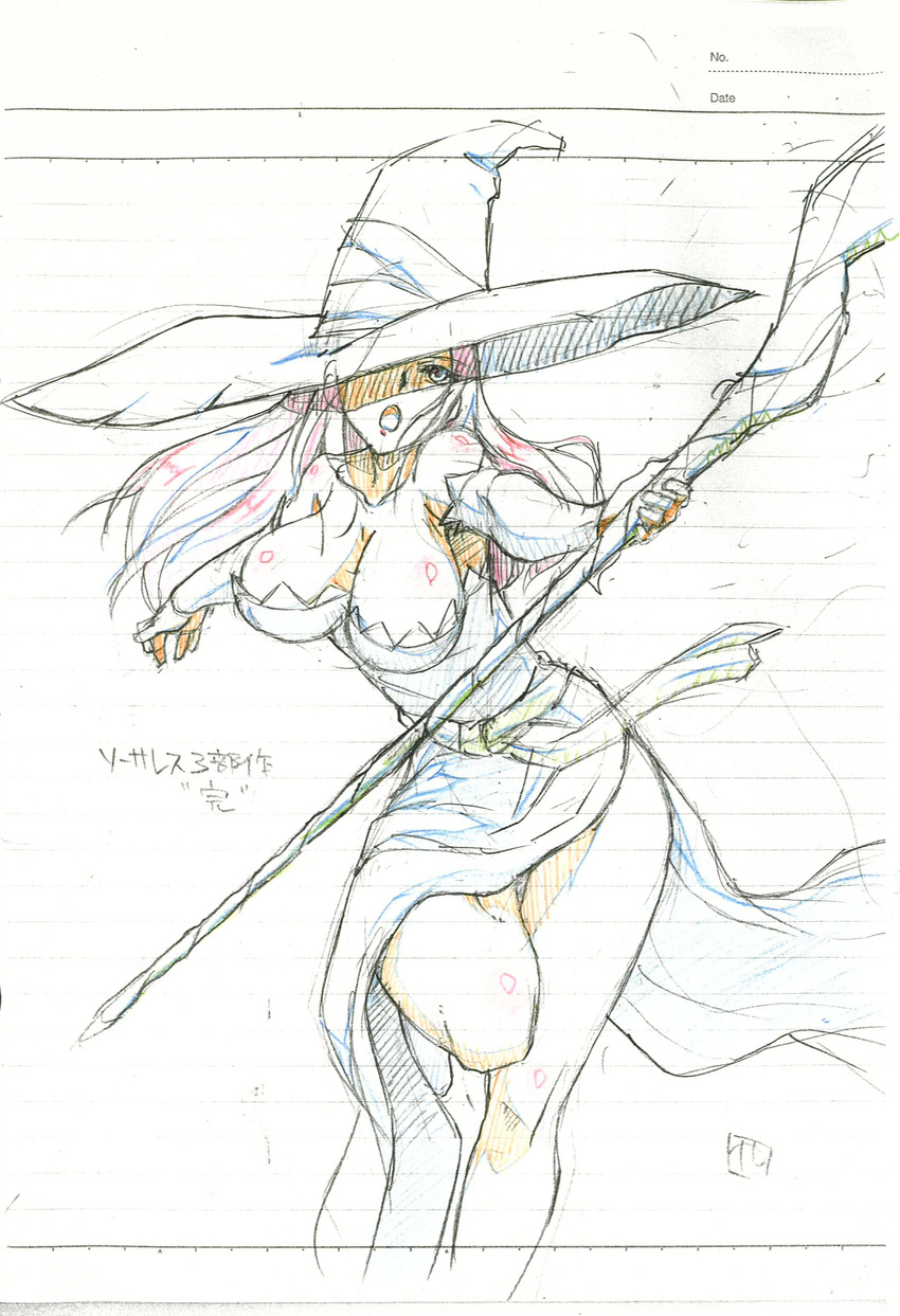 absurdres bare_shoulders breasts detached_sleeves dragon's_crown dress hat hat_over_one_eye highres large_breasts long_hair side_slit sketch solo sorceress_(dragon's_crown) staff strapless strapless_dress witch_hat yamazaki_(now_printing)