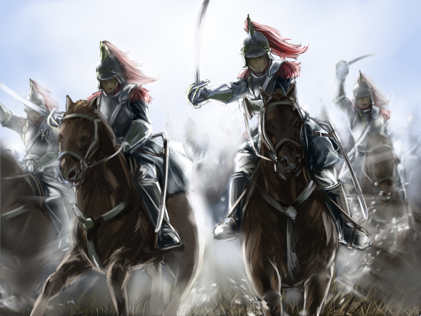 army cavalry helmet horse horseback_riding military military_uniform multiple_boys original riding sword tomw uniform war weapon