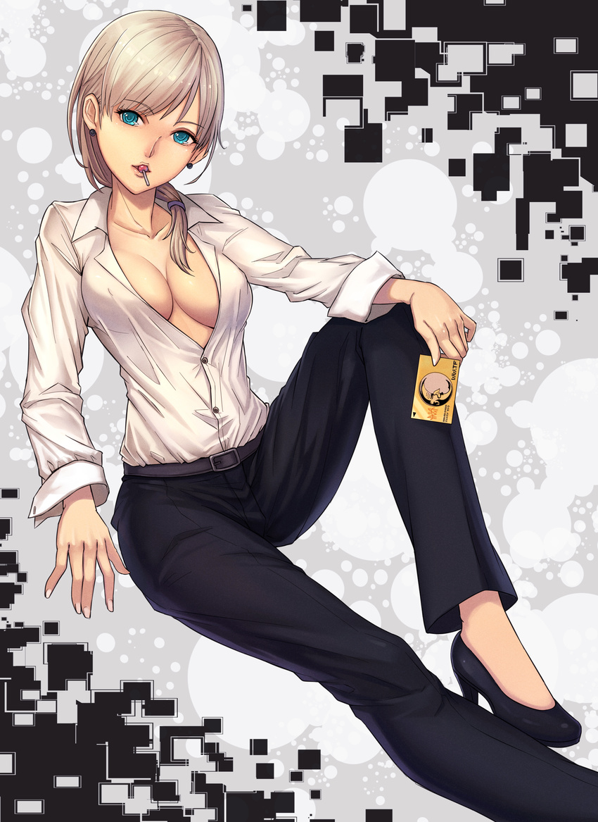absurdres belt blue_eyes blush breasts c_(control) candy cleavage collarbone dress_shirt earrings food high_heels highres jennifer_satou jewelry jun_(goodgun7) lollipop medium_breasts mouth_hold no_bra open_clothes ponytail shirt shoes silver_hair solo