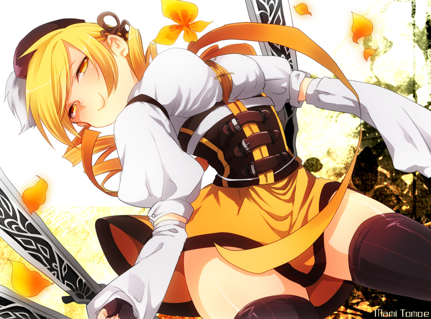 amaya_enaka bad_id bad_pixiv_id beret blonde_hair bouncing_breasts breasts corset detached_sleeves drill_hair fingerless_gloves flower gloves gun hair_ornament hat large_breasts leaning_back magical_girl mahou_shoujo_madoka_magica petals pleated_skirt puffy_sleeves ribbon skindentation skirt smile solo thighhighs tomoe_mami weapon yellow_eyes zettai_ryouiki