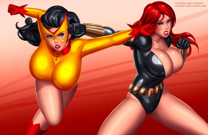 2girls avengers batman_(series) batwoman black_gloves black_hair black_widow blue_eyes bodysuit breasts cleavage dc_comics female fighting gloves highres huge_breasts impossible_bodysuit impossible_clothes lips lipstick makeup marvel mask multiple_girls natasha_romanoff original punching red_gloves spandex superhero svoidist