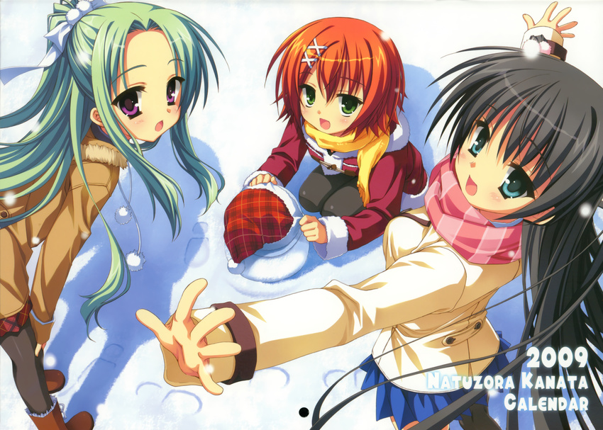 3girls :d absurdres aqua_eyes bangs bent_over black_hair black_legwear blush boots calendar_(medium) coat collaboration footprints from_above fur_trim green_eyes green_hair hair_ornament hair_ribbon hairclip half_updo hands hands_on_own_knees hat highres kobuichi kousaka_chihaya long_hair miyoshi_yuiko multiple_girls muririn natsuzora_kanata non-web_source official_art open_mouth orange_hair outstretched_arms pantyhose parted_bangs plaid plaid_hat plaid_skirt pleated_skirt purple_eyes ribbon santa_hat scan scarf shadow shichijou_sasara short_hair sidelocks skirt smile snow snowing snowman spread_arms squatting standing striped striped_scarf winter winter_clothes