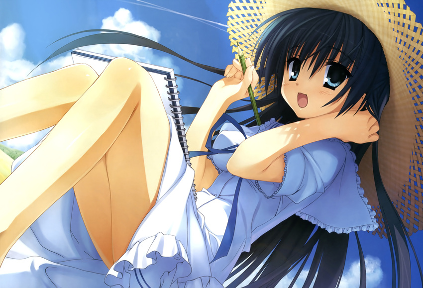 absurdres black_hair blue_eyes breasts cloud day dress frilled_dress frills hat highres impossible_clothes impossible_shirt kobuichi kousaka_chihaya legs long_hair medium_breasts natsuzora_kanata notebook open_mouth pencil ribbon shirt sitting sky solo straw_hat white_dress wooden_pencil