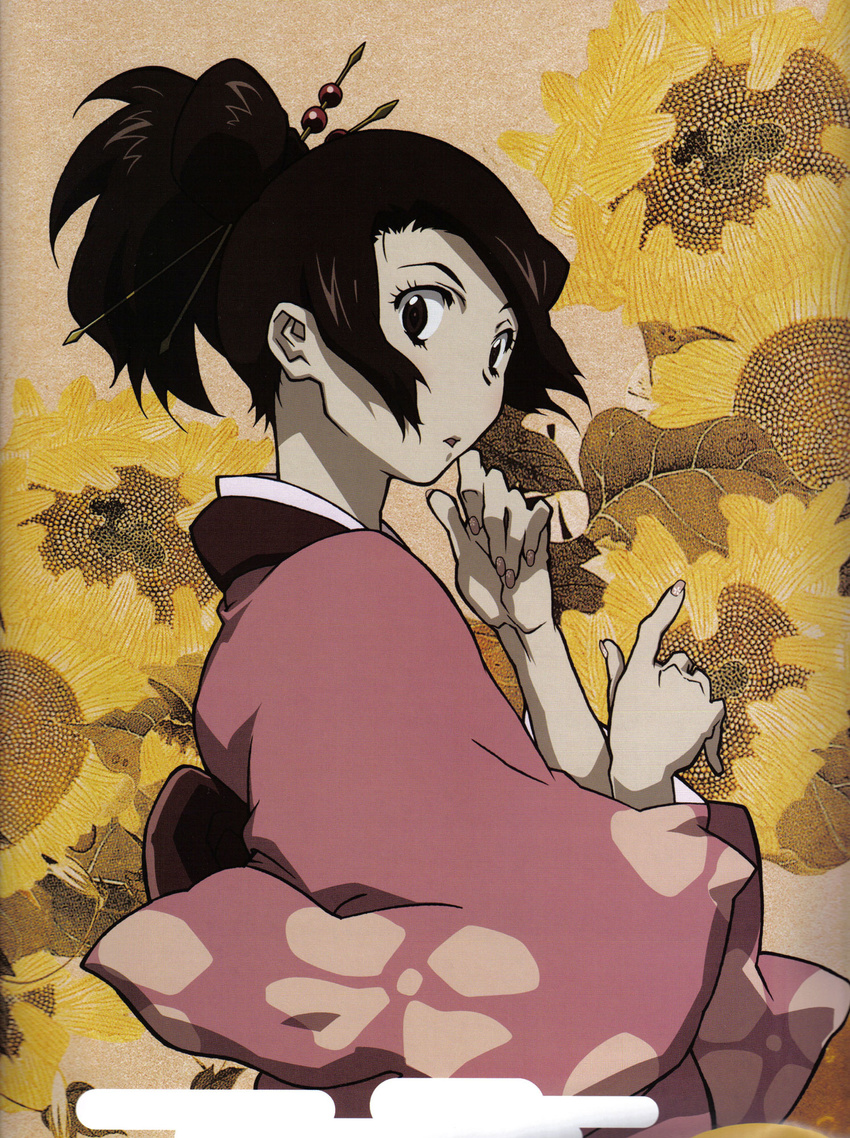 brown_eyes brown_hair female fingernails floral_pattern floral_print flower fuu hair_ornament hairpin highres japanese_clothes kimono long_hair looking_at_viewer looking_back nail_polish open_mouth painted_fingernails pointing ponytail raised_hands samurai_champloo solo sunflower