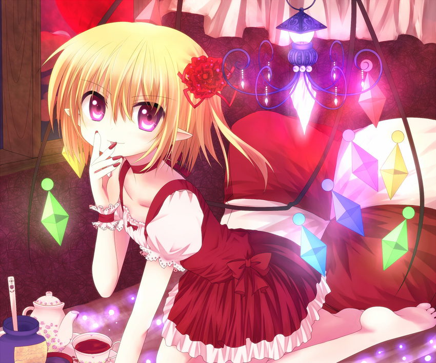 barefoot blonde_hair chandelier cup flandre_scarlet haiiro_(immature) pointy_ears ponytail purple_eyes red_eyes short_hair side_ponytail solo teacup teapot touhou wings wrist_cuffs