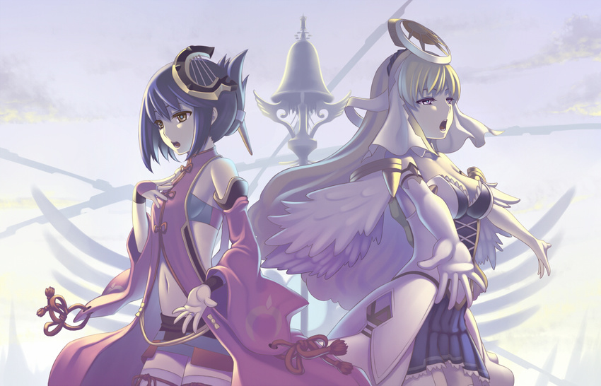ar_tonelico ar_tonelico_ii blonde_hair blue_hair bow breasts bridal_gauntlets chroche_latel_pastalie cleavage detached_sleeves elbow_gloves gloves hair_ornament hand_on_own_chest large_breasts long_hair luca_truelywaath miniskirt multiple_girls music navel pleated_skirt purple_eyes short_hair singing skirt terumii thighhighs wings yellow_eyes