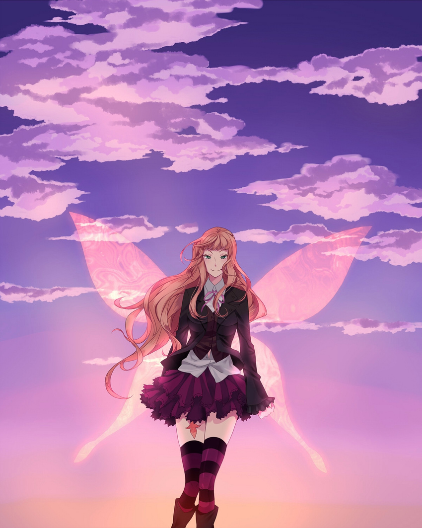 bad_id bad_pixiv_id beatrice blonde_hair breasts cloud fairy_wings hair_down highres kouichirou large_breasts long_hair solo striped striped_legwear sunset tattoo thighhighs umineko_no_naku_koro_ni wings zettai_ryouiki