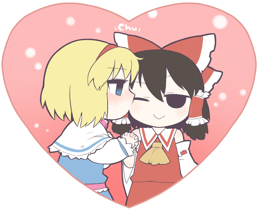 :&gt; alice_margatroid bad_id bad_pixiv_id blush chibi couple hakurei_reimu kiss multiple_girls touhou transparent_background ume_(noraneko) yuri