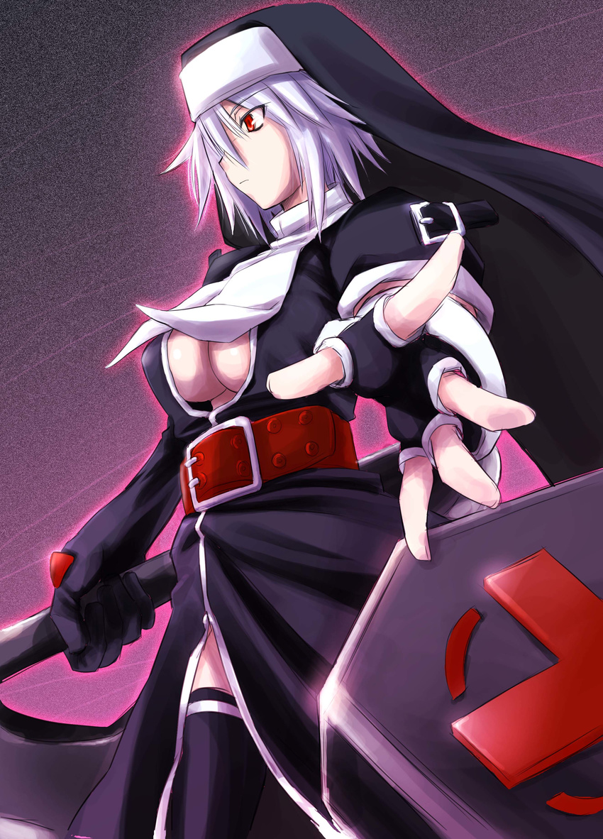 absurdres breasts highres large_breasts m.u.g.e.n nun nyal_lathotep original ouma_tokiichi red_eyes robe short_hair silver_hair solo thighhighs