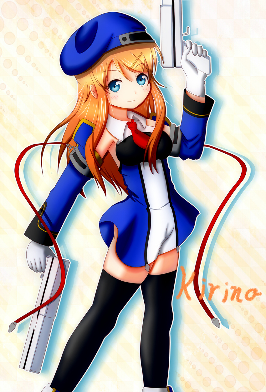 al-heart beret blazblue blue_eyes bolverk cosplay gun hair_ornament hairclip handgun hat highres kousaka_kirino long_hair noel_vermillion noel_vermillion_(cosplay) orange_hair ore_no_imouto_ga_konna_ni_kawaii_wake_ga_nai solo thighhighs weapon