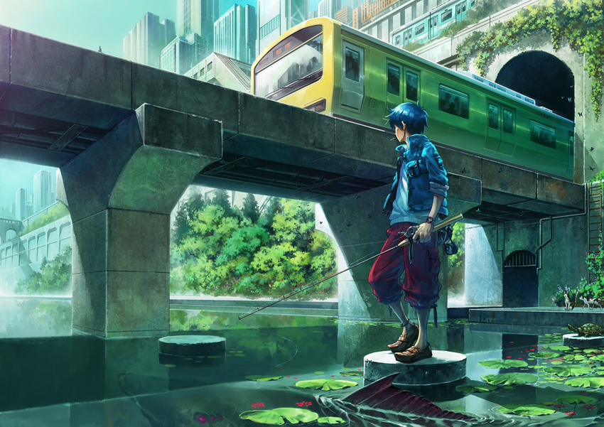 blue_hair cat fish fishing_rod ground_vehicle jacket lily_pad male_focus original oropi river sleeves_rolled_up solo standing train turtle