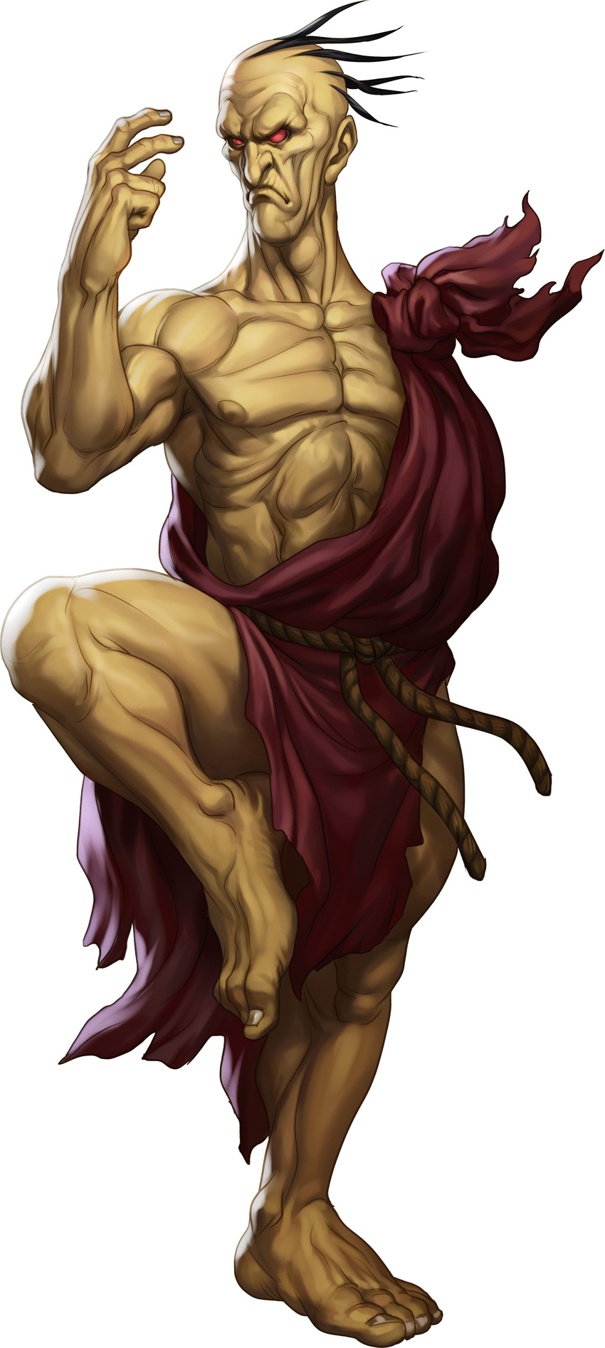 abs absurdres bald dougi glowing glowing_eyes highres male_focus muscle old_man oro_(street_fighter) red_eyes solo standing standing_on_one_leg stanley_lau street_fighter street_fighter_iii_(series)
