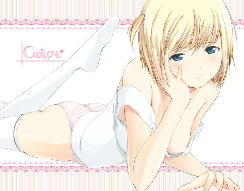 bare_shoulders blonde_hair blue_eyes downblouse eviryun hand_on_own_cheek hand_on_own_face original panties short_hair solo striped striped_panties tank_top thighhighs underwear