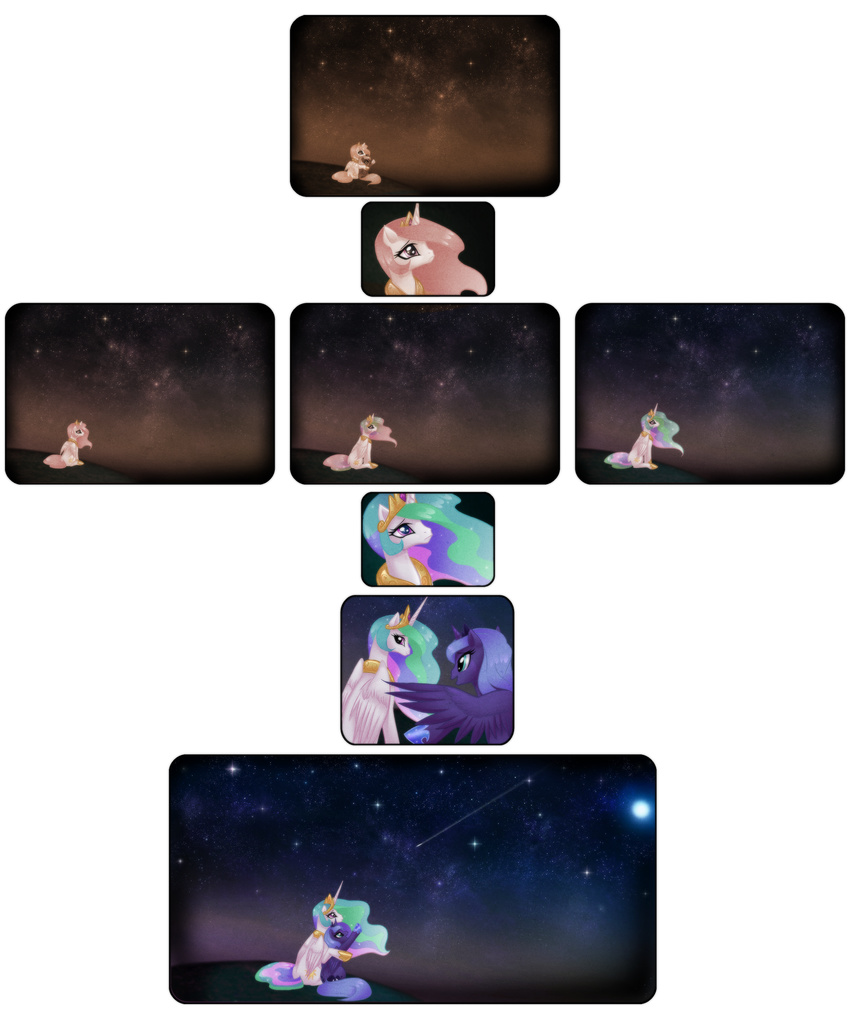 alicorn comic duo equine female feral friendship_is_magic fucking_sad grass hair horn horse mammal multi-colored_hair my_little_pony night nighttime pegacorn pink_hair pony princess princess_celestia_(mlp) princess_luna_(mlp) purple_eyes rizcifra royalty shooting_star sibling sisters stars tiara winged_unicorn wings young