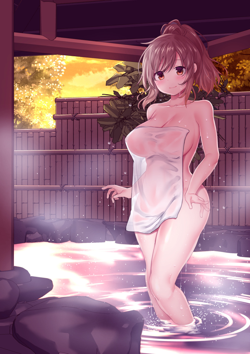 1girl bangs bare_shoulders bath bathing blush breasts brown_eyes brown_hair cevio cleavage closed_mouth collarbone commentary_request convenient_censoring covered_navel covering erect_nipples eyebrows_visible_through_hair hair_between_eyes hair_bun highres large_breasts looking_at_viewer meido_yomi naked_towel navel nude_cover onsen outdoors rock satou_sasara see-through short_hair smile solo standing steam thighs towel water wet wet_clothes white_towel