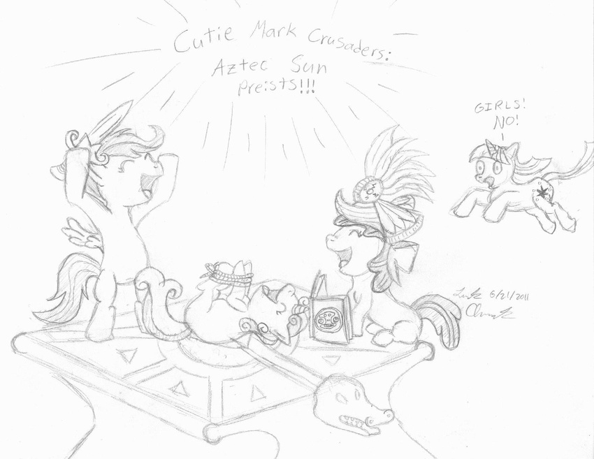 applebloom_(mlp) aztec aztec_priestess black_and_white cub cutie_mark cutie_mark_crusaders cutie_mark_crusaders_(mlp) english_text equine female feral friendship_is_magic group horn horse mammal monochrome my_little_pony pegasus plain_background pony sacrifice scootaloo_(mlp) sweetie_belle_(mlp) text twilight_sparkle_(mlp) unicorn unknown_artist white_background wings young