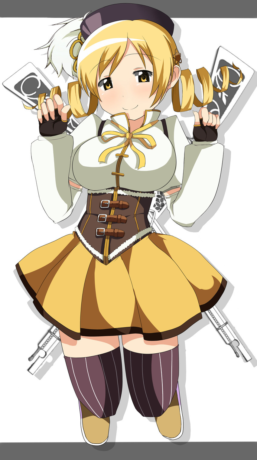 absurdres bad_id bad_pixiv_id beret blonde_hair boots breasts brown_legwear corset detached_sleeves drill_hair fingerless_gloves fruits_punch full_body gloves gun hair_ornament hairpin hat highres jumping large_breasts letterboxed long_hair magical_girl magical_musket mahou_shoujo_madoka_magica pleated_skirt puffy_sleeves ribbon rifle shirt simple_background skirt smile solo striped striped_legwear taut_clothes taut_shirt thighhighs tomoe_mami twin_drills twintails vertical-striped_legwear vertical_stripes weapon white_background yellow_eyes zettai_ryouiki