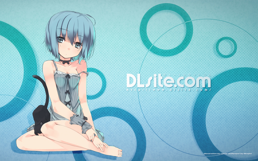 ahoge barefoot blue_hair cat choker dlsite.com elle_sweet highres refeia ribbon_choker short_hair solo strap_slip wallpaper