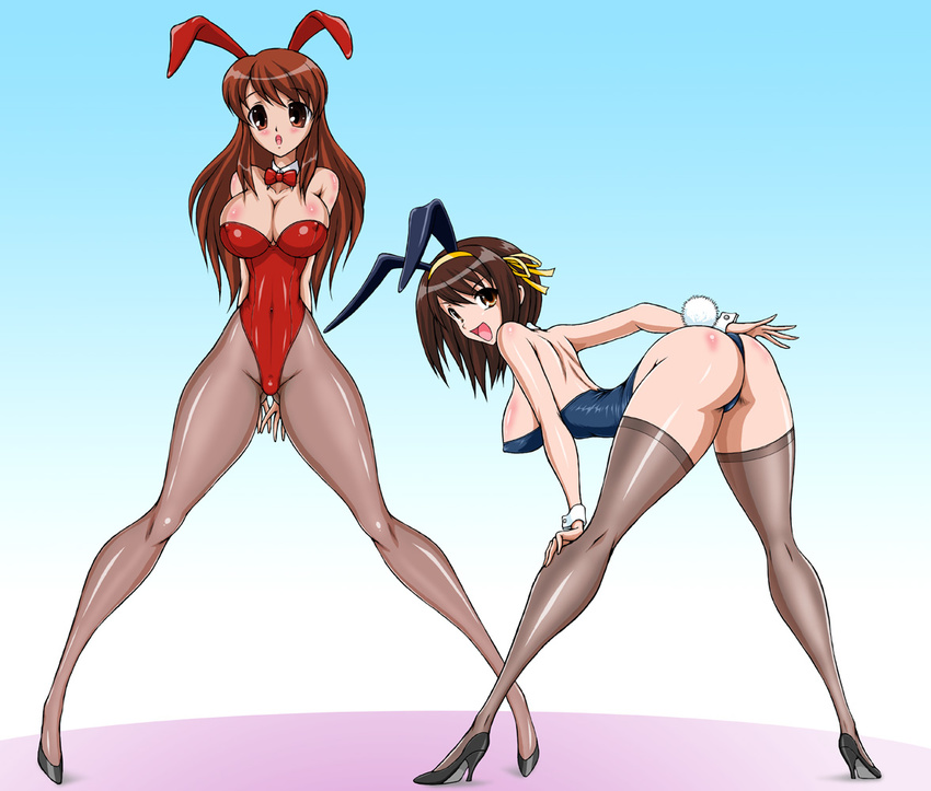 animal_ears arms_behind_back artist_request asahina_mikuru ass bent_over blush bow bowtie breasts brown_eyes brown_hair bunny_ears bunny_girl bunny_tail bunnysuit character_request cleavage cuffs hand_on_ass hand_on_thigh hands_behind_back high_heels large_breasts legwear open_mouth pantyhose smile spread_legs stockings suzumiya_haruhi suzumiya_haruhi_no_yuuutsu tail thighhighs thong
