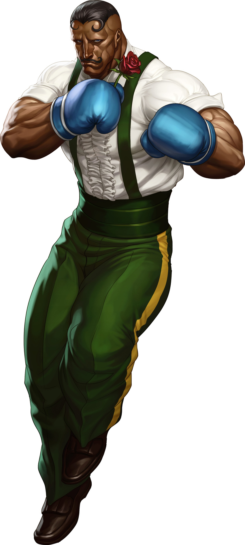 absurdres black_hair boxing_gloves dark_skin dark_skinned_male dudley facial_hair flower frills handlebar_mustache highres male_focus manly muscle mustache rose sleeves_rolled_up solo stanley_lau street_fighter street_fighter_iii_(series) suspenders