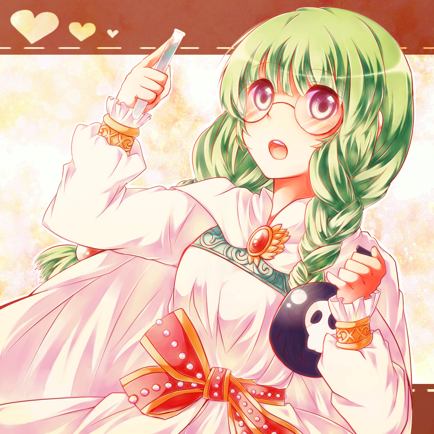 :o akamomo bad_id bad_pixiv_id blush bow bracelet braid brooch cape flask glasses green_hair hair_over_shoulder highres jewelry open_mouth philia_felice purple_eyes ribbon round_eyewear solo tales_of_(series) tales_of_destiny test_tube twintails