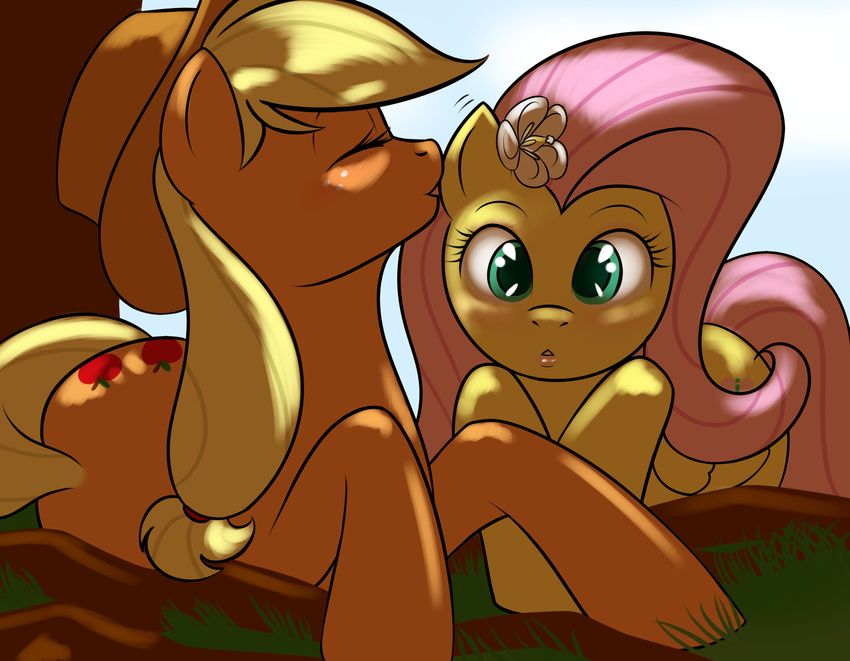 applejack_(mlp) blonde_hair blush cowboy_hat cutie_mark duo equine eyes_closed female feral flower fluttershy_(mlp) freckles friendship_is_magic fur green_eyes hair hat hi_res horse kloudmutt long_hair looking_at_viewer lying mammal my_little_pony on_front orange_fur outside pegasus pink_hair pony roots shocked simple_background tree whispering wings wood yellow_fur