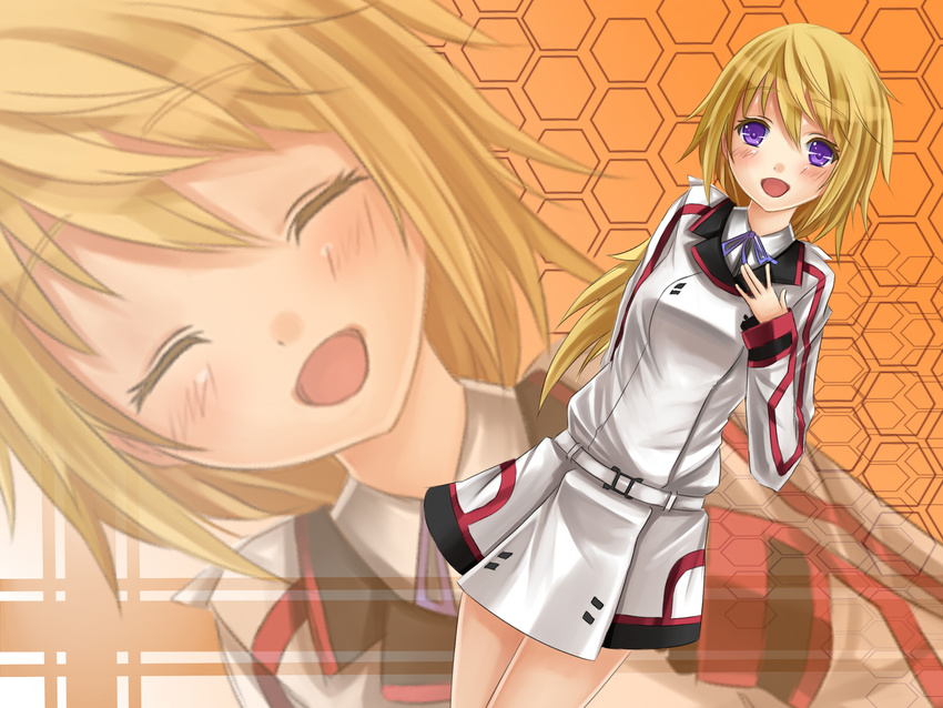 arm_behind_back bad_hands blonde_hair blush charlotte_dunois closed_eyes highres infinite_stratos jpeg_artifacts long_hair multiple_views open_mouth purple_eyes reio_reio zoom_layer