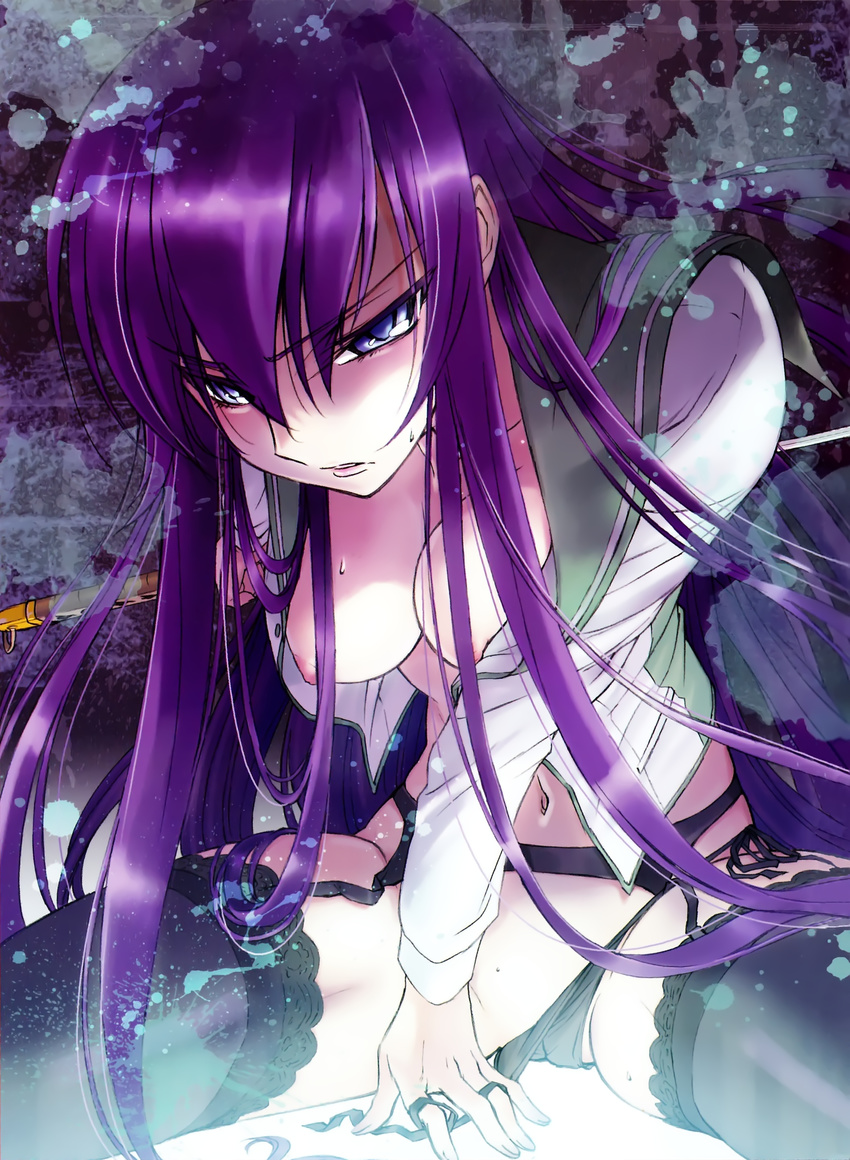 1girl absurdres blue_eyes breasts busujima_saeko cameltoe garter_belt highres highschool_of_the_dead katana kimura_takahiro navel nipples no_bra ookouchi_ricca open_clothes open_shirt panties purple_hair ricca school_uniform serafuku shirt side-tie_panties solo string_panties sword thighhighs underwear untied weapon