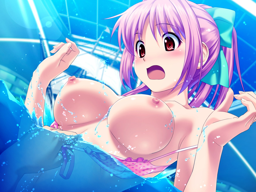 areolae assisted_exposure bikini bikini_pull blush bow breasts embarrassed game_cg grabbing hair_bow highres hinata_hanabi koutaro large_breasts nipples out_of_frame partially_submerged pool pulled_by_another solo_focus surprised surprised_arms swimsuit tareme tropical_kiss water