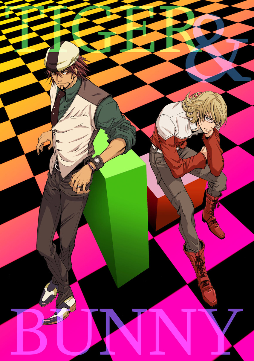 barnaby_brooks_jr belt blonde_hair boots bracelet brown_eyes brown_hair cabbie_hat checkered checkered_floor facial_hair glasses green_eyes hat highres hiroki_kusumoto jacket jewelry kaburagi_t_kotetsu male_focus multiple_boys necklace necktie perspective red_jacket sitting smile stubble studded_belt tiger_&amp;_bunny vest watch wristwatch