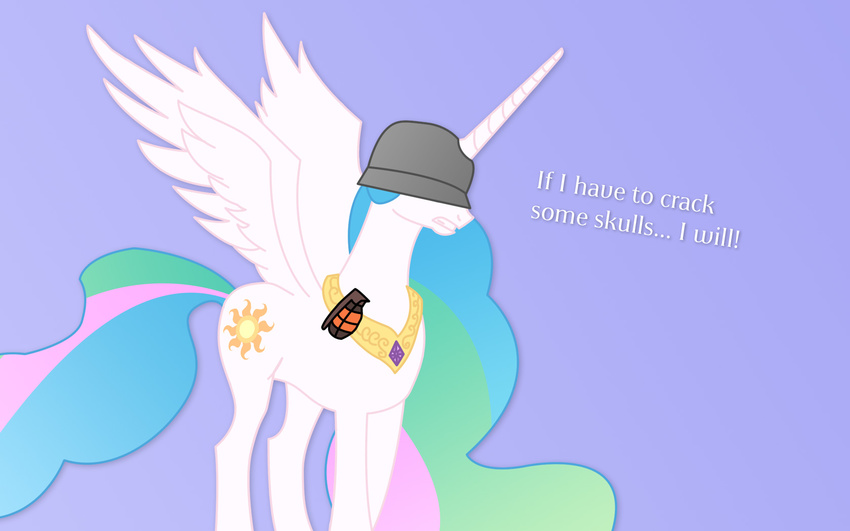 cutie_mark diegotan equine female feral friendship_is_magic grenade horn horse mammal my_little_pony pony princess princess_celestia_(mlp) royalty soldier soldier_(team_fortress_2) solo sun team_fortress_2 wallpaper widescreen winged_unicorn wings
