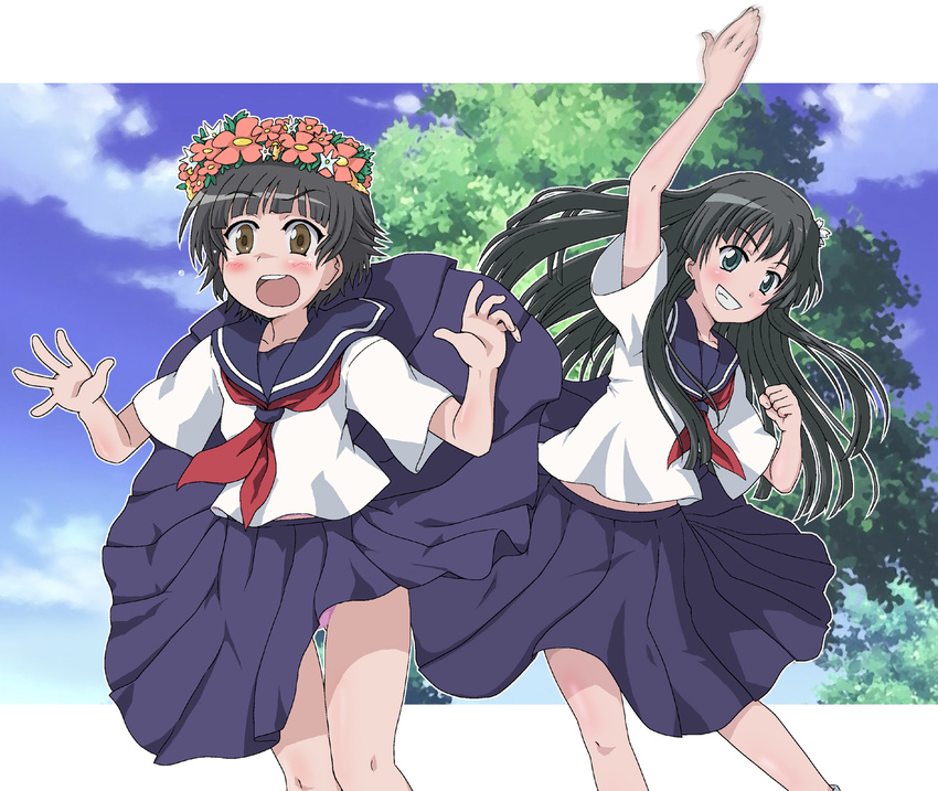 :d :o black_hair brown_eyes day flower green_eyes grin hair_flower hair_ornament head_wreath ki_(adotadot) knees_touching long_hair motion_blur multiple_girls open_mouth outdoors panties pantyshot pink_panties pleated_skirt sakugawa_school_uniform saten_ruiko school_uniform serafuku short_hair skirt skirt_flip skirt_lift smile surprised_arms teeth to_aru_kagaku_no_railgun to_aru_majutsu_no_index tree uiharu_kazari underwear