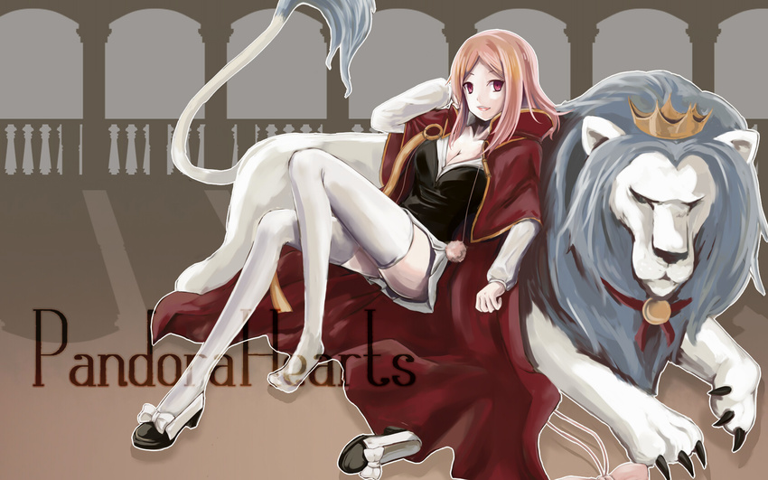 breasts cape chain_(pandora_hearts) charlotte_(pandora_hearts) cleavage crown highres leg_up legs leon_(pandora_hearts) lion long_hair long_legs medium_breasts pandora_hearts pink_hair red_eyes shinsui_saya shoes single_shoe thighhighs thighs white_legwear