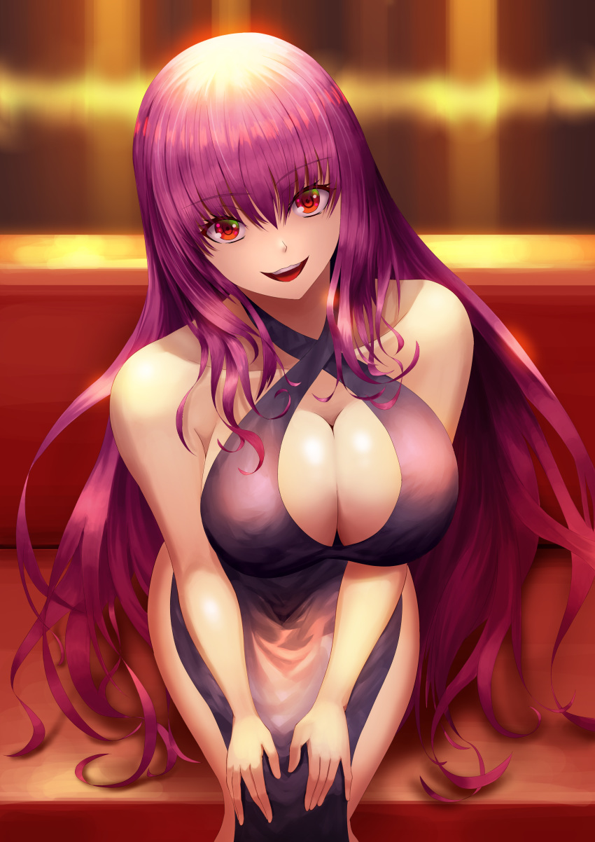 1girl absurdres bangs bare_shoulders black_dress blush breasts cleavage criss-cross_halter dress fate/grand_order fate_(series) fujifuji924 hair_between_eyes halterneck highres hips large_breasts long_hair looking_at_viewer open_mouth purple_hair red_eyes scathach_(fate)_(all) scathach_(fate/grand_order) sitting smile solo thighs
