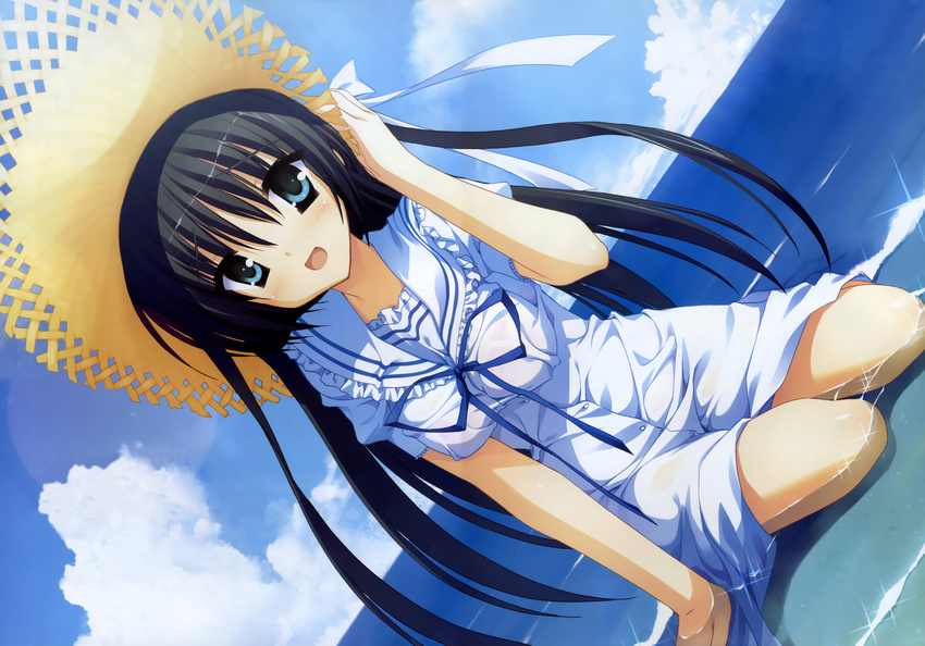 black_hair blue_eyes hat kobuichi kousaka_chihaya long_hair natsuzora_kanata water wet