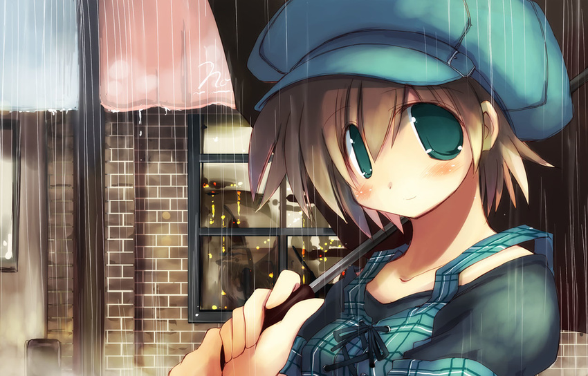 blush brown_hair green_eyes hat original rain sakaki_(noi-gren) short_hair smile solo umbrella