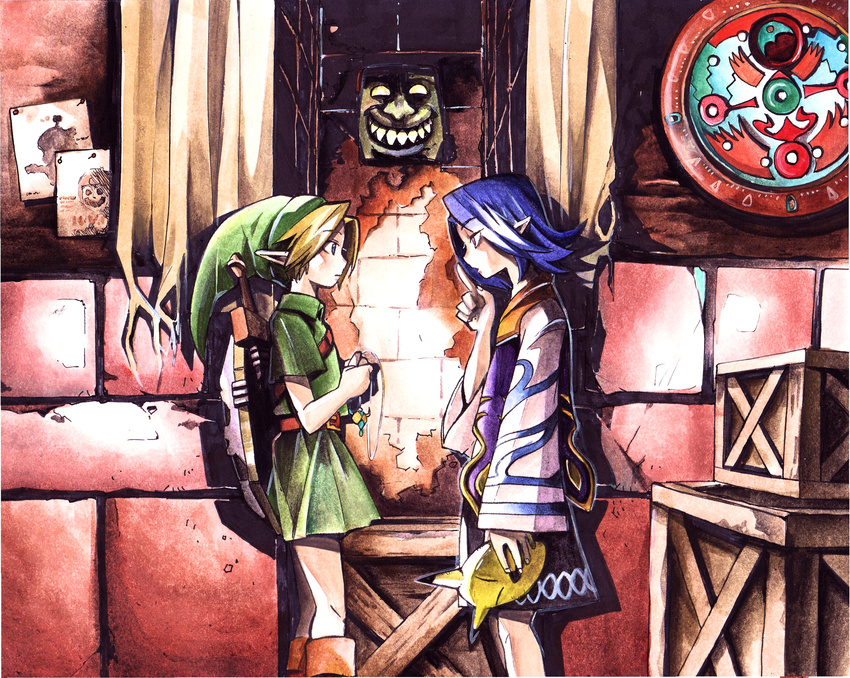 bad_id bad_pixiv_id blonde_hair blue_eyes crate elephantt finger_to_mouth hat highres jewelry kafei link male_focus mask multiple_boys necklace pointy_ears purple_hair shield shushing sword the_legend_of_zelda the_legend_of_zelda:_majora's_mask traditional_media tunic weapon young_link