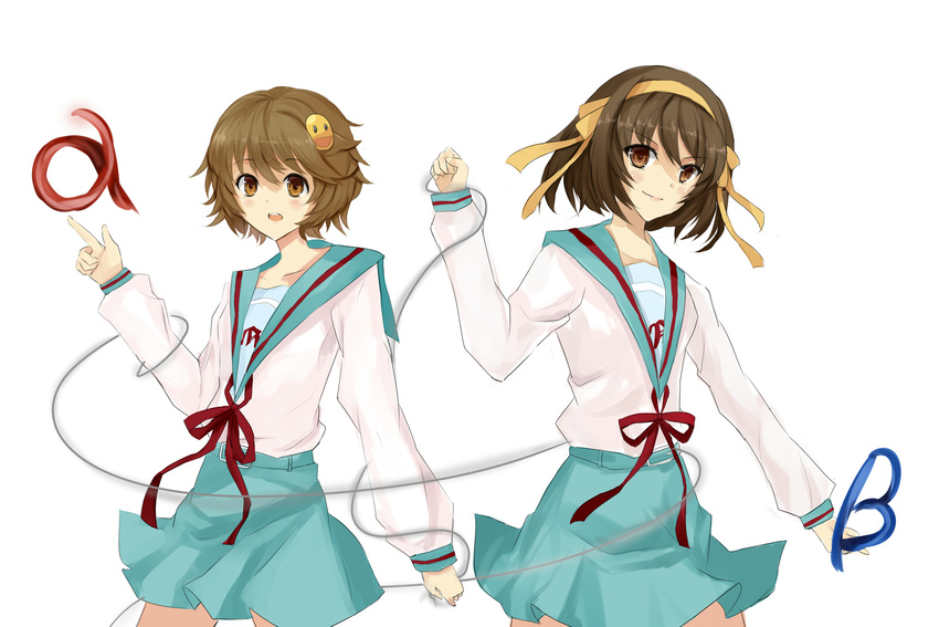 bad_id bad_pixiv_id brown_eyes brown_hair hair_ornament hair_ribbon highres kita_high_school_uniform multiple_girls ribbon school_uniform serafuku short_hair suzumiya_haruhi suzumiya_haruhi_no_yuuutsu sya_(north_to_antarctic) watahashi_yasumi